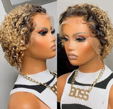 6 Inch Pixie Cut 13x2 Front Lace Ombre Blonde Cury Wavy Human Hair Wig